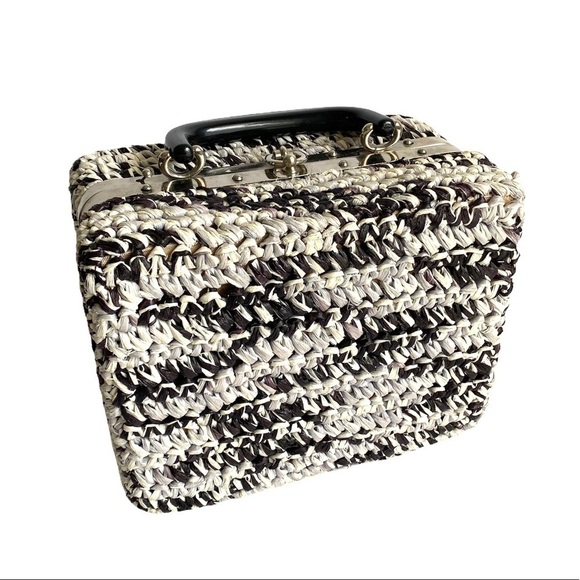 Vintage 50s Box Bag Woven Raffia Straw Purse Gray Black Cottagecore Lunchbox - Picture 3 of 12